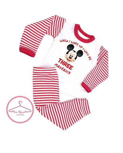 Personalised Mickey Mouse Birthday Pyjamas – “When I Wake Up I Will Be” – Kids Birthday PJs – Custom Name & Age Pajamas