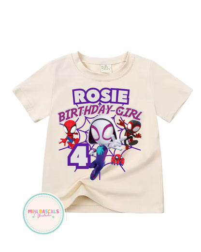Personalised Spidey & Friends Birthday Girls T-Shirt & Sweatshirt | Custom Name Kids Birthday Outfit