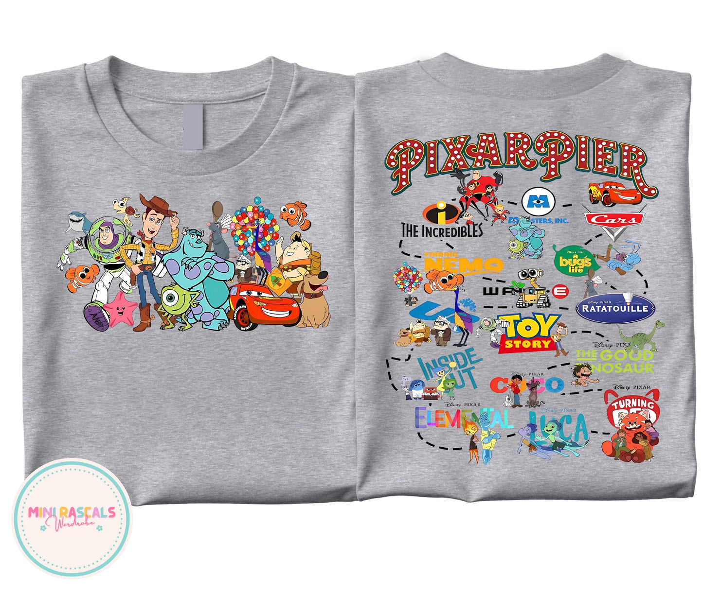 Disney Pixar Pier Characters Kids T-Shirt & Sweatshirt | McQueen Sully Wall-E Woody & Friends Graphic Top