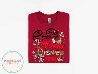 Personalised First Disney Trip Toy Story Kids T-Shirt & Sweatshirt | Custom Name Disney Outfit | Buzz & Woody