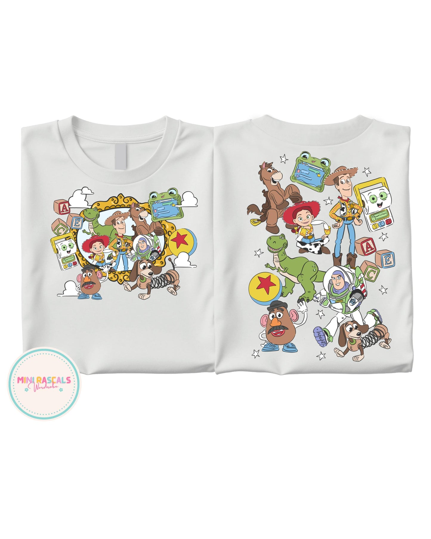 Toy Story Friends Double-Sided Kids T-Shirt | Woody Buzz & Gang Disney Pixar | Mini Rascals