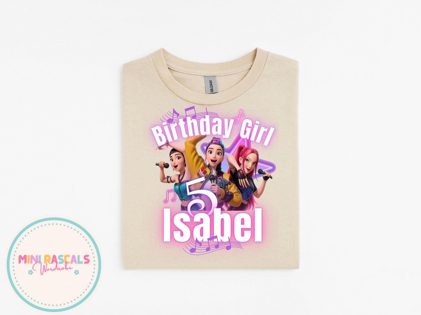 Custom Birthday Girl KPOP Demon Hunters Star T-Shirt | Personalised Kids Birthday Tee | Neon Star Music Theme | Name & Age