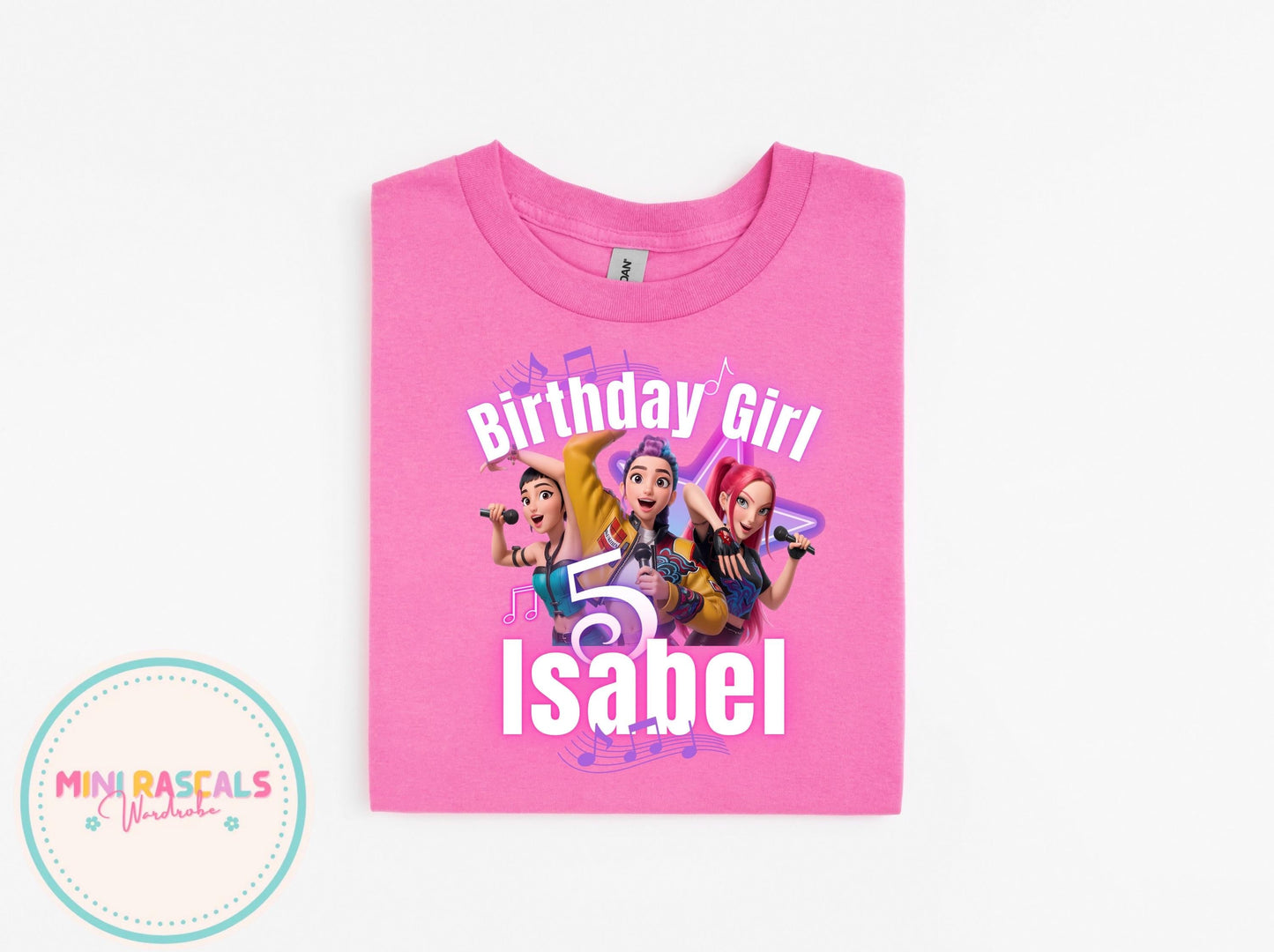Custom Birthday Girl KPOP Demon Hunters Star T-Shirt | Personalised Kids Birthday Tee | Neon Star Music Theme | Name & Age
