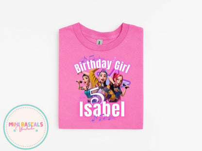 Custom Birthday Girl KPOP Demon Hunters Star T-Shirt | Personalised Kids Birthday Tee | Neon Star Music Theme | Name & Age