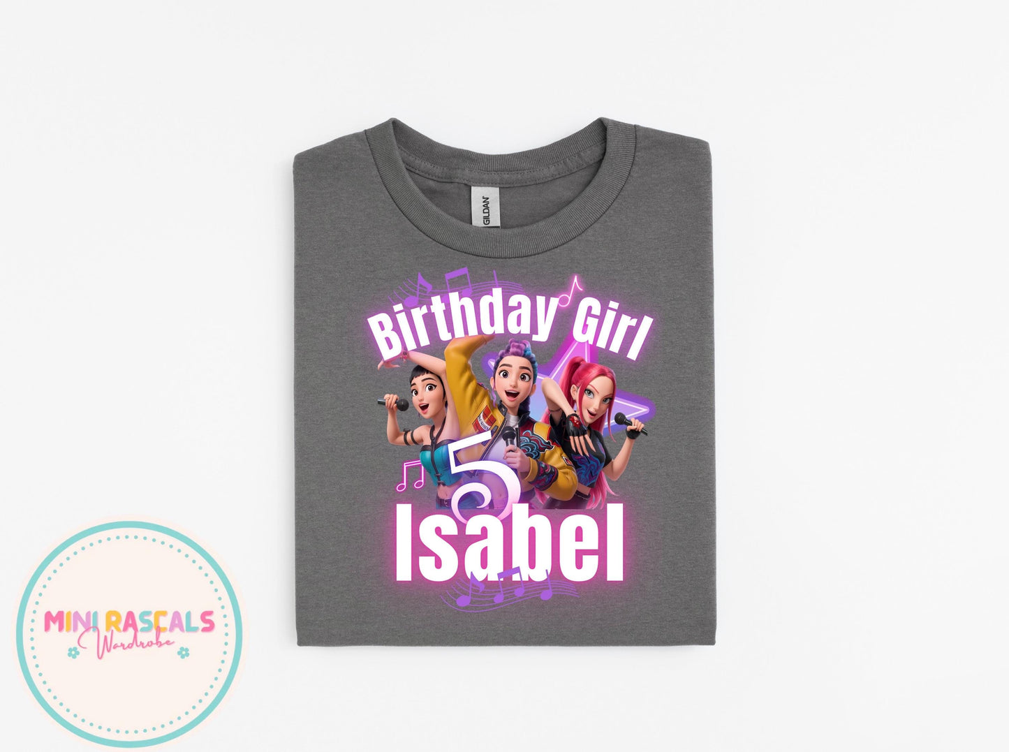 Custom Birthday Girl KPOP Demon Hunters Star T-Shirt | Personalised Kids Birthday Tee | Neon Star Music Theme | Name & Age