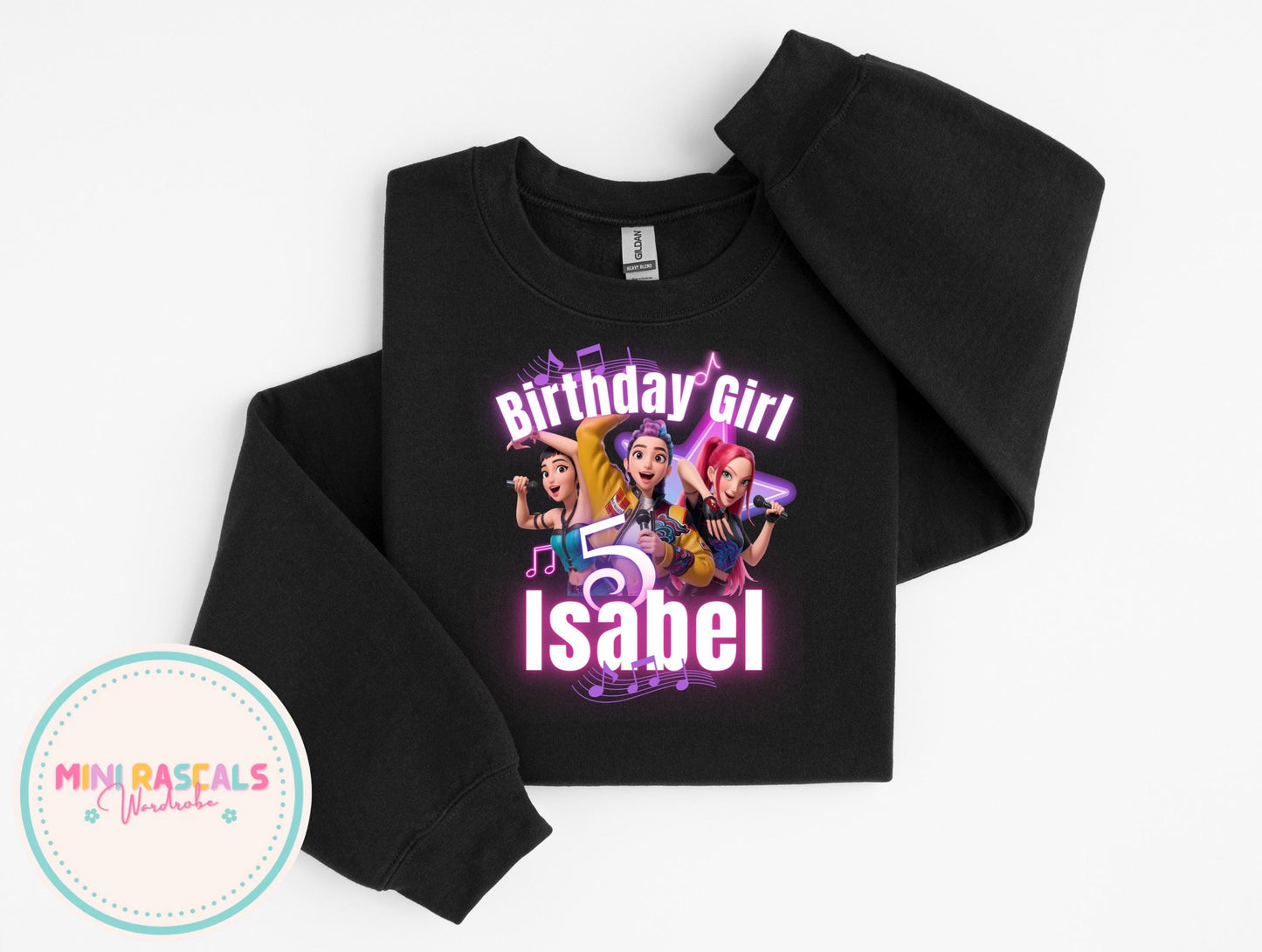 Custom Birthday Girl KPOP Demon Hunters Star T-Shirt | Personalised Kids Birthday Tee | Neon Star Music Theme | Name & Age