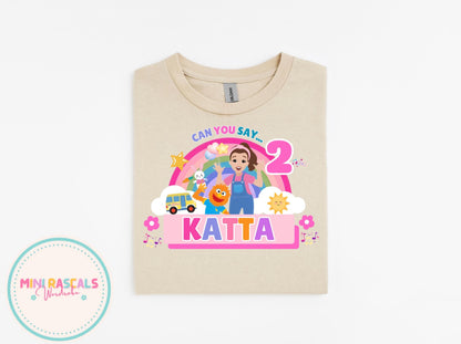 Ms Rachel Pink ‘Can You Say’ Birthday Personalised Tshirt and Sweatshirt – Custom Name Birthday Shirt – Kids Birthday Outfit