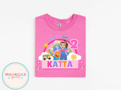 Ms Rachel Pink ‘Can You Say’ Birthday Personalised Tshirt and Sweatshirt – Custom Name Birthday Shirt – Kids Birthday Outfit
