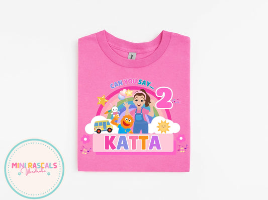 Ms Rachel Pink ‘Can You Say’ Birthday Personalised Tshirt and Sweatshirt – Custom Name Birthday Shirt – Kids Birthday Outfit
