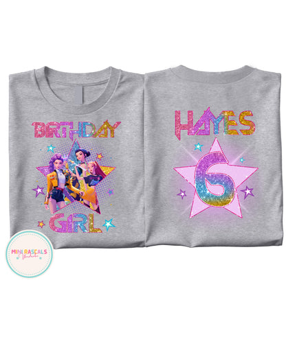 Custom Birthday Girl KPOP Demon Hunters Double-Sided T-Shirt & Sweatshirt | Personalised Kids Birthday Top | Huntrix Inspired