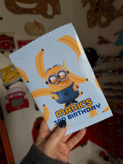 Personalised Minion Theme Fillable Crisp Packets | Minion Birthday Party Favours | Custom Party Snack Bags | Kids Party Treat Bags