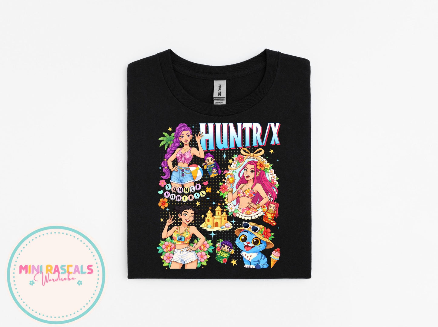 Huntrix Summer T-Shirt | KPOP Demon Hunters Girls Beach Graphic Tee | Colourful Kids Holiday Outfit | Gift for Her