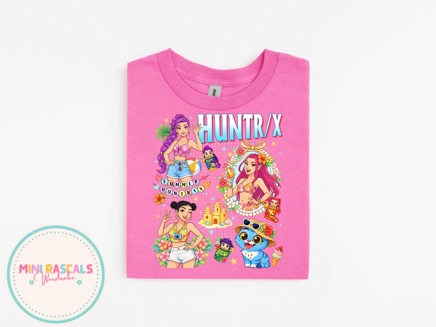 Huntrix Summer T-Shirt | KPOP Demon Hunters Girls Beach Graphic Tee | Colourful Kids Holiday Outfit | Gift for Her