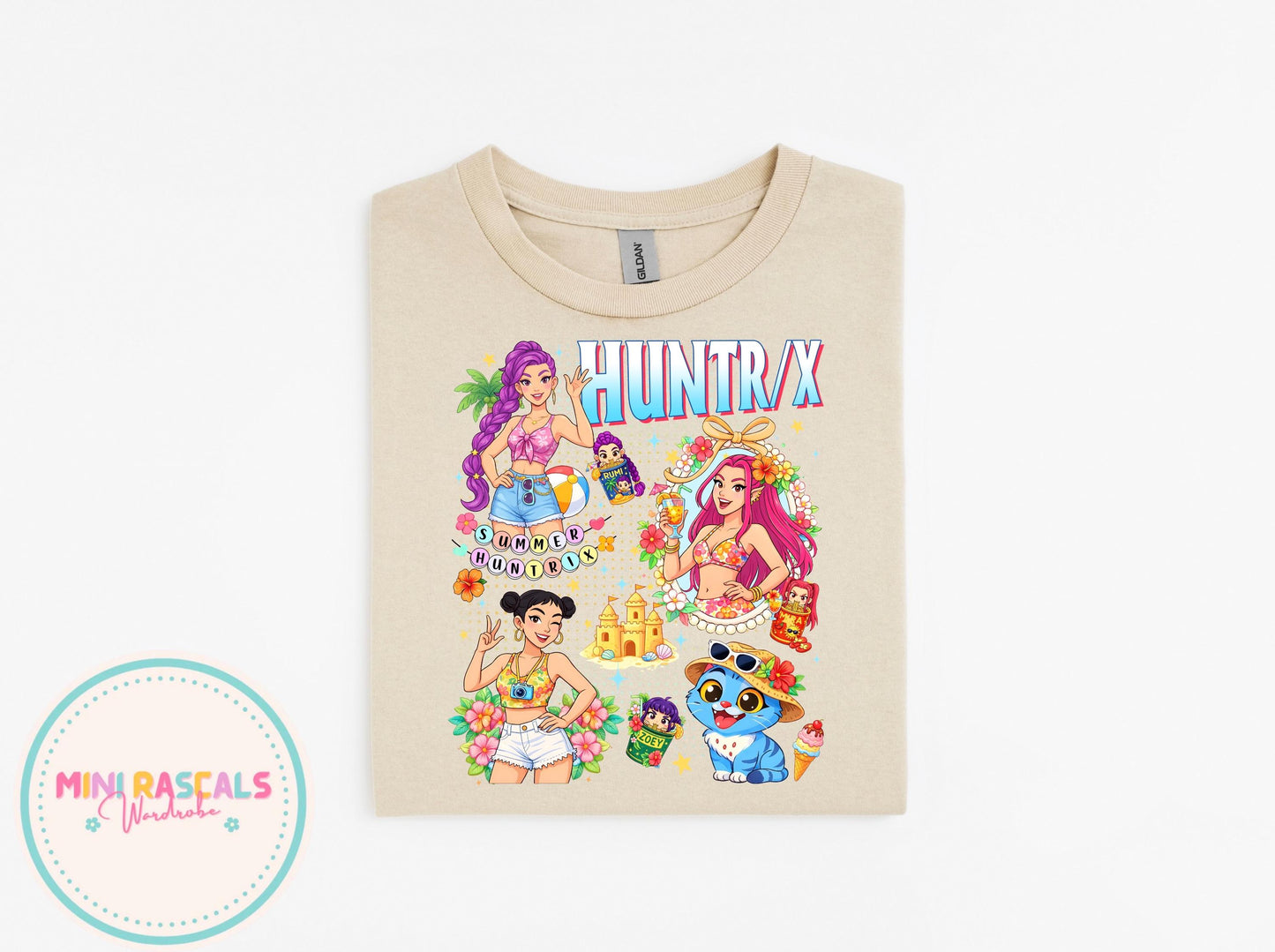 Huntrix Summer T-Shirt | KPOP Demon Hunters Girls Beach Graphic Tee | Colourful Kids Holiday Outfit | Gift for Her