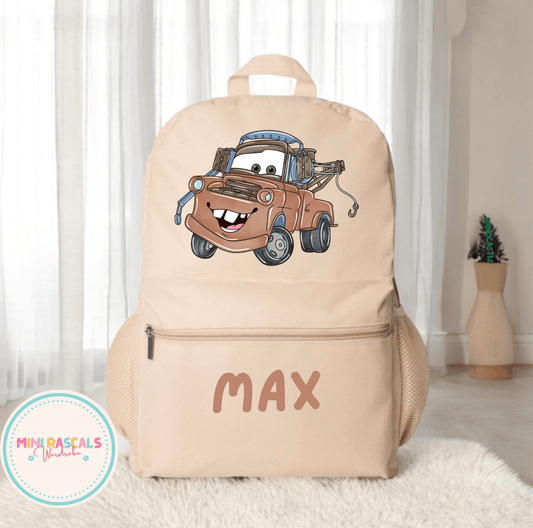 Personalised Tow Mater Kids Backpack – Custom Name Disney Cars School Bag | Mini Rascals